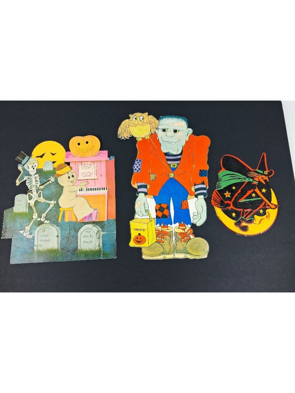 VTG Halloween Die-Cut Flocked Frankenstein, Witch, Graveyard Scene
